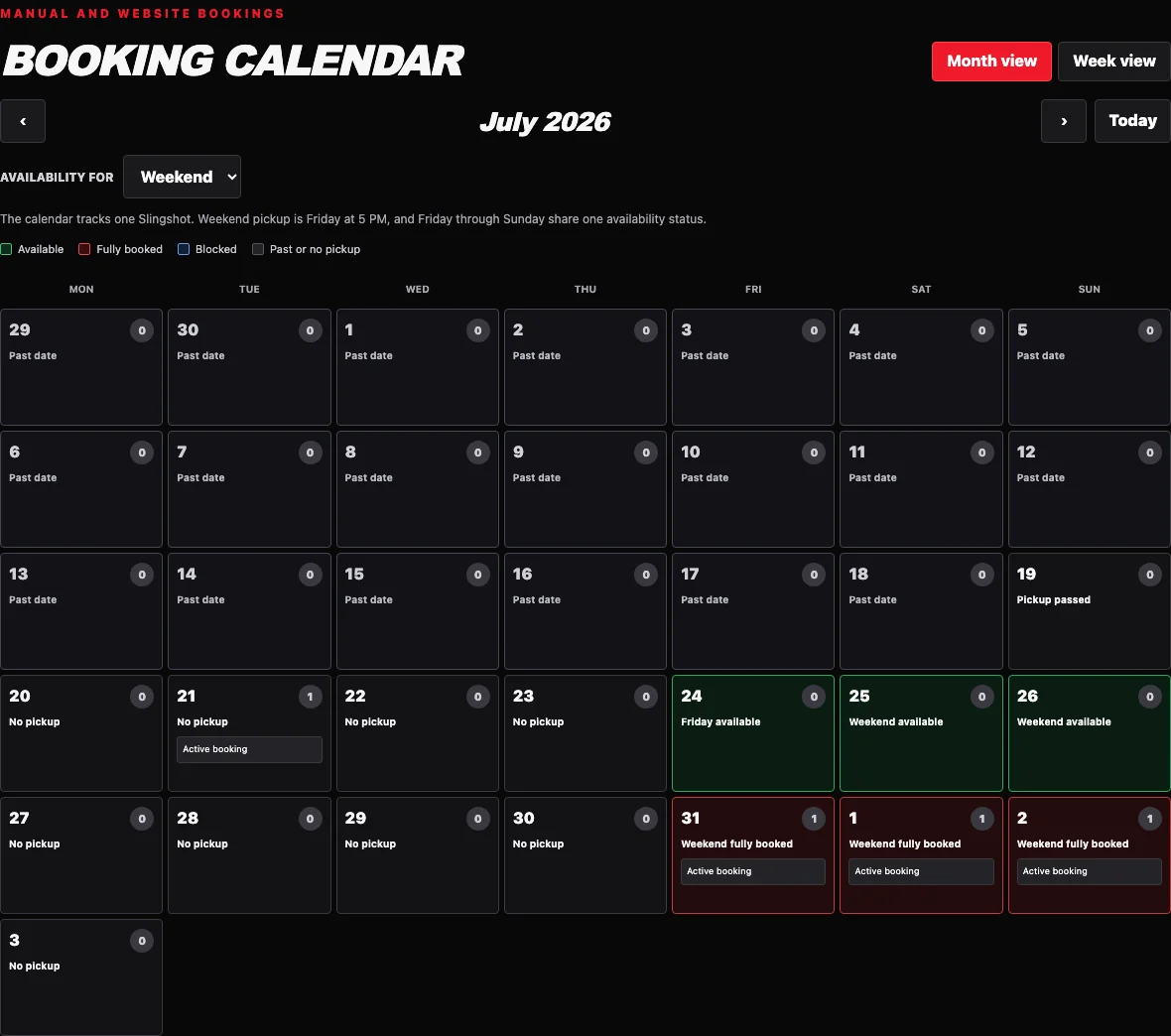 Sanitized Windsor Slingshot Rental manager calendar showing available and fully booked weekend dates