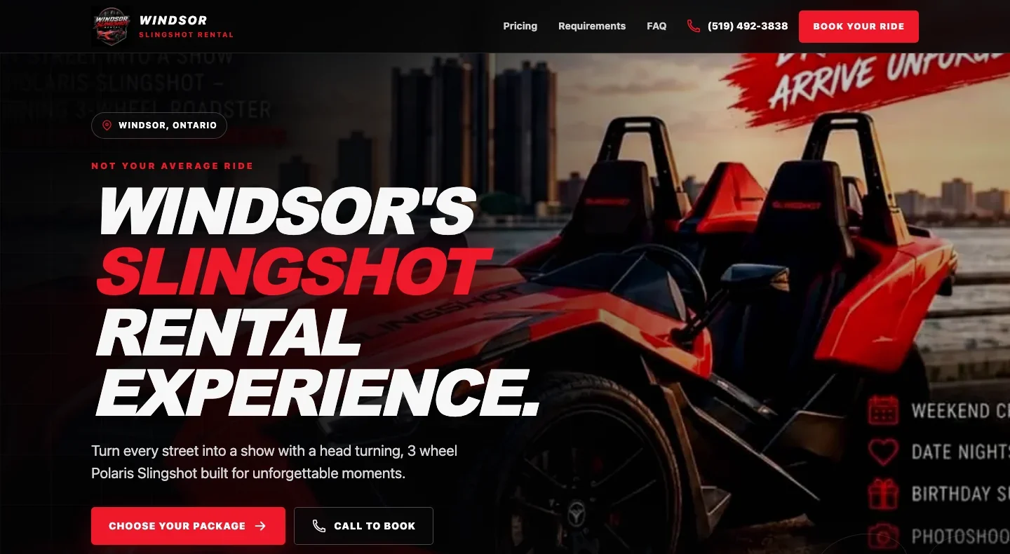 Windsor Slingshot Rental website homepage with the red Polaris Slingshot and booking buttons
