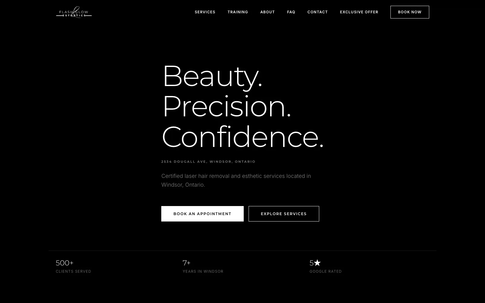Flash and Glow laser and esthetics website homepage