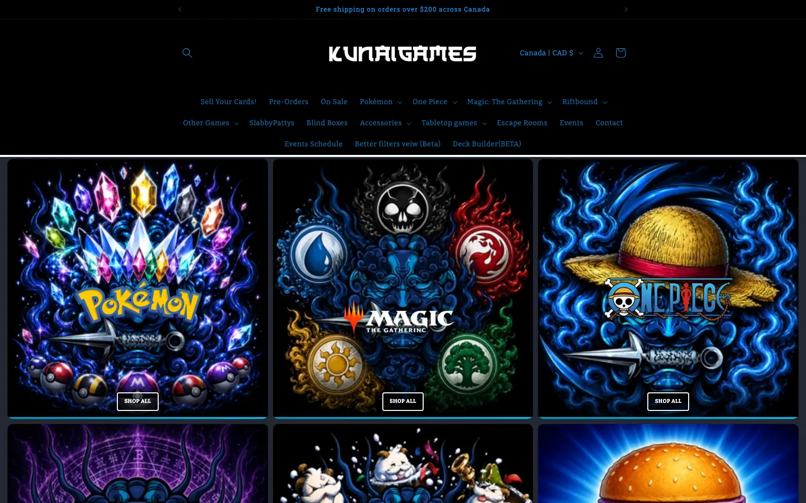 Kunai Games trading card ecommerce website homepage