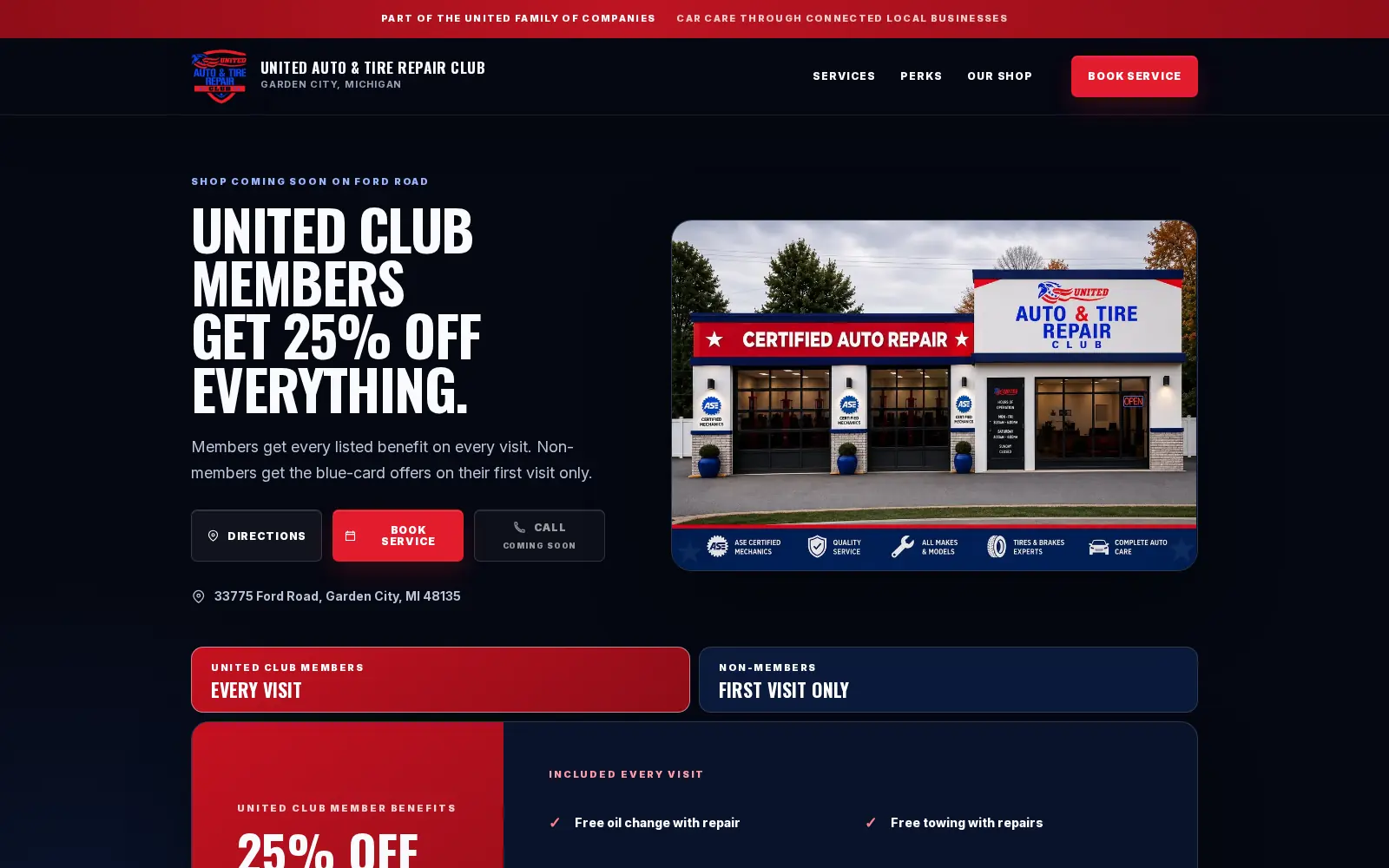 United Auto and Tire Repair Club website homepage
