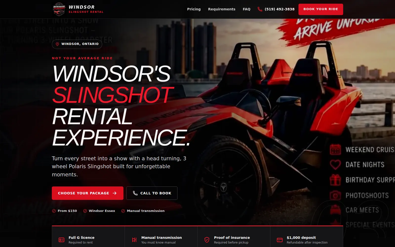 Windsor Slingshot Rental booking website homepage